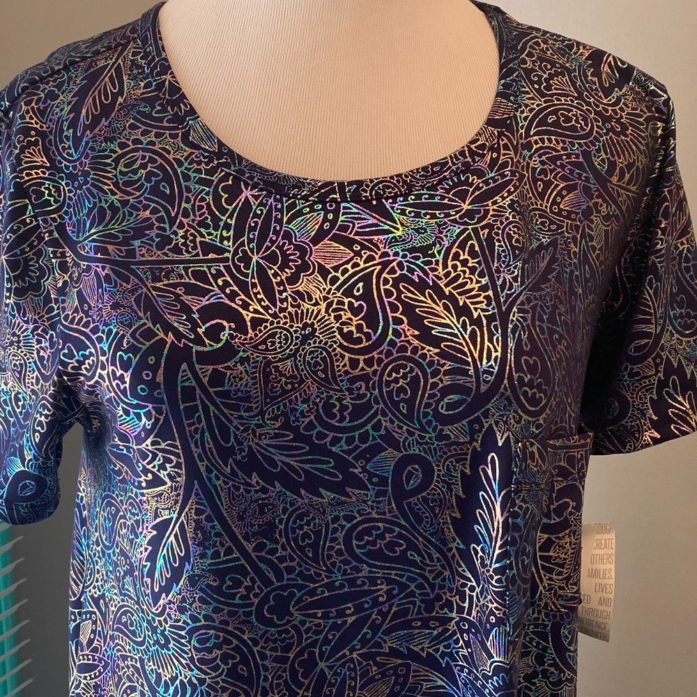 NWT Lularoe Iridescent Paisley Elegant Carly Dress Blue Rainbow Metallic Small